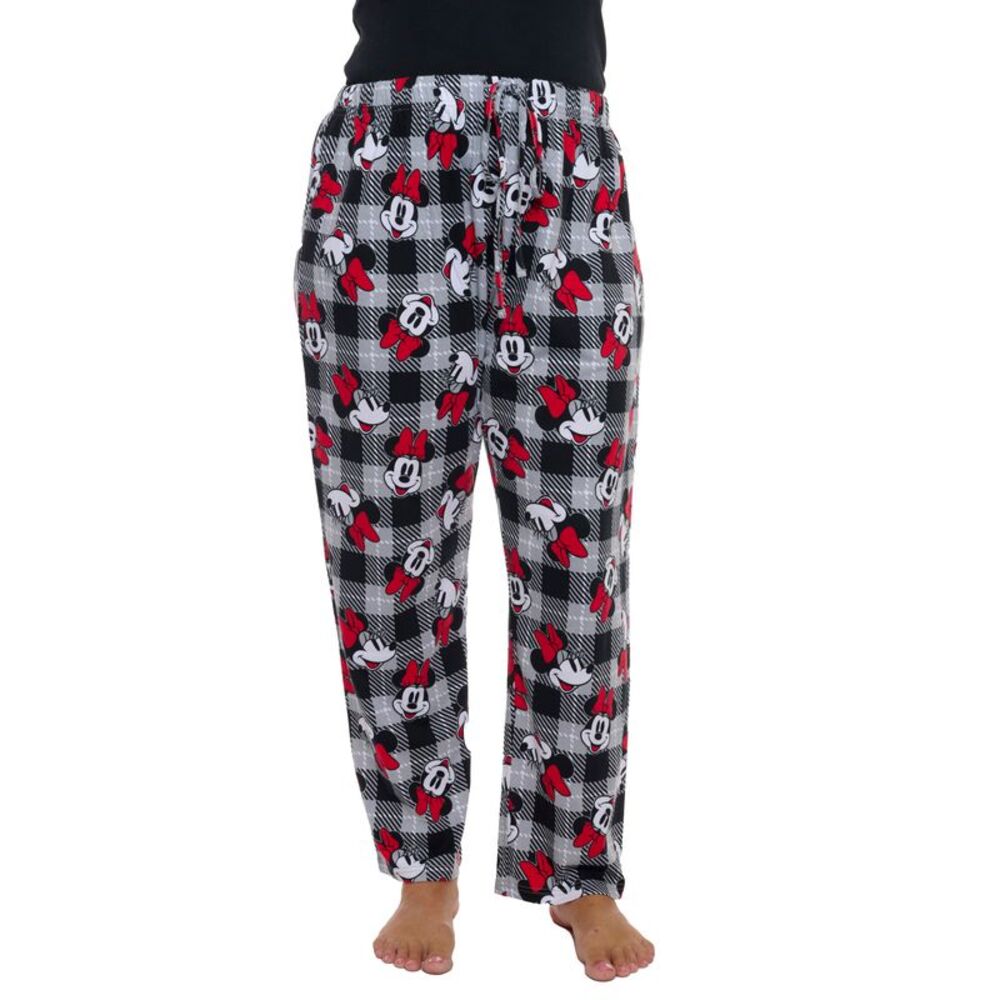 New Womens Plus Size Minnie Mouse Pajama Pants Plaid Red Black Disney